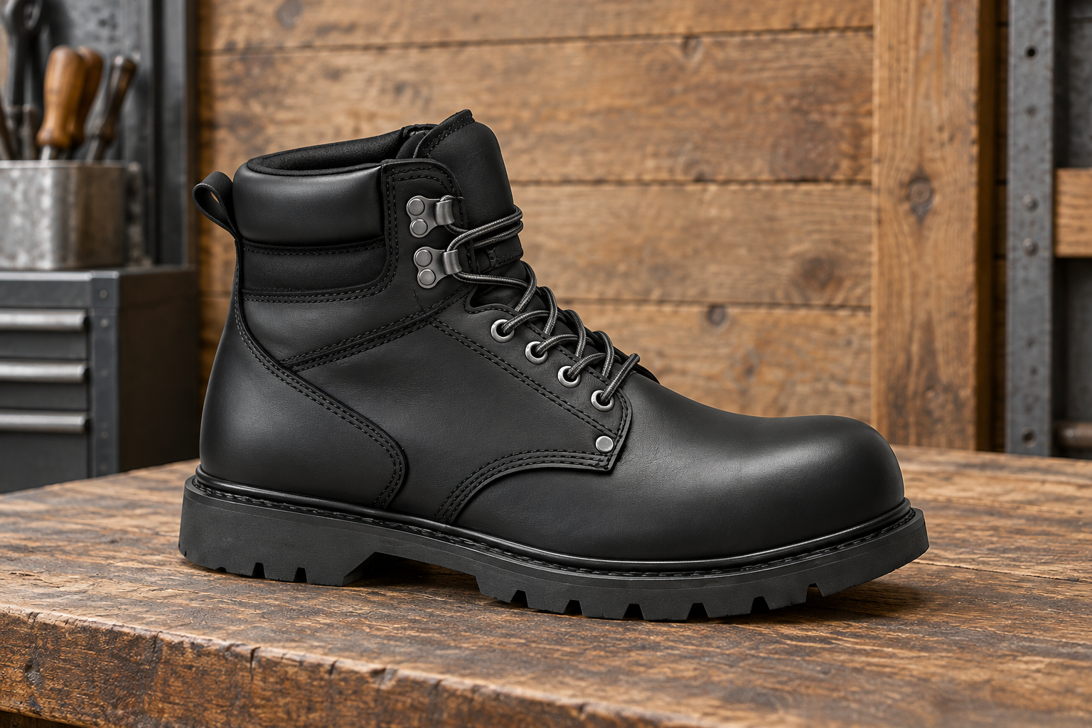 Bota negra de cuero sobre una superficie de madera en un taller luminoso